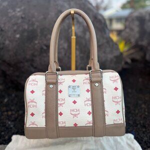 MCM Vintage Boston Satchel Bag White/Red Logo with Charms